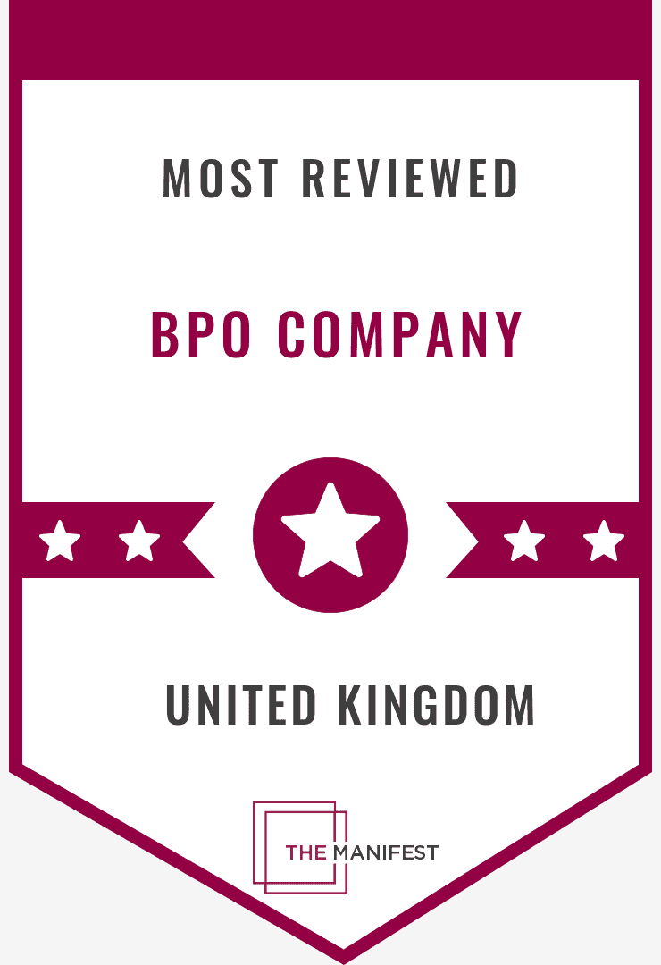 Maroon ribbon badge for Most Reviewed BPO Company in United Kingdom from The Manifest